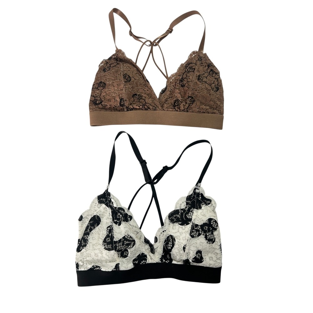 Y2K Lace Bralette‎ XS Set 2 Tan White Black Floral Strappy Coquette Festival